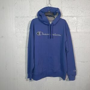 Champion Men's Script Logo Powerblend Hoodie - Stone Crush Blue XL